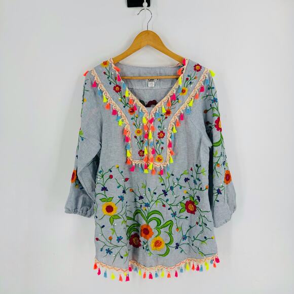 PONG 100% Cotton Embroidered Tassel Tunic Swim Cover Up Blue Stripe Floral M - Picture 9 of 9